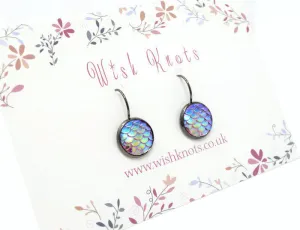Mermaid Scale Earrings - Pink Lever Back Earrings. Gunmetal Black Drop Earrings