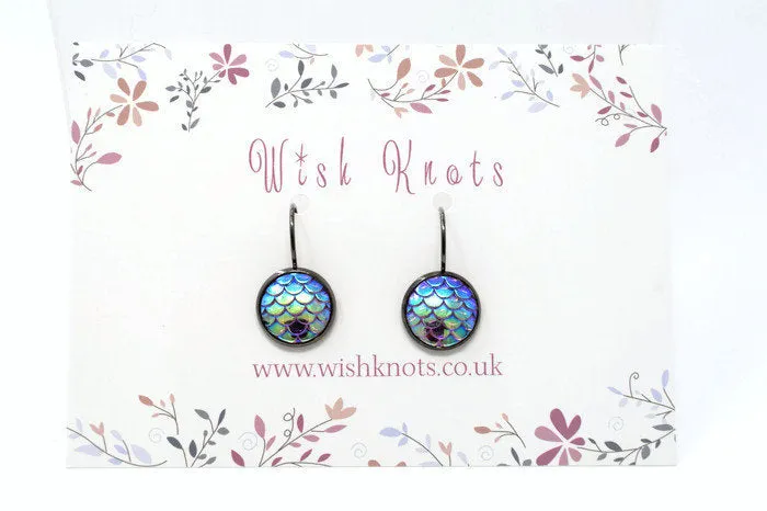 Mermaid Scale Earrings - Pink Lever Back Earrings. Gunmetal Black Drop Earrings