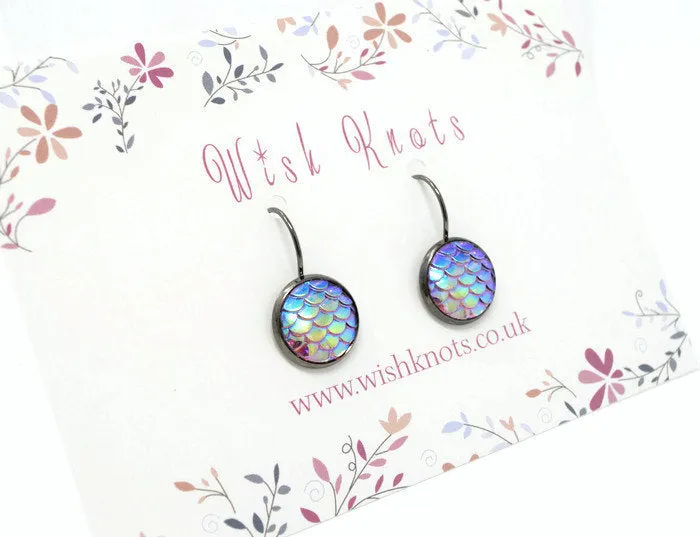 Mermaid Scale Earrings - Pink Lever Back Earrings. Gunmetal Black Drop Earrings