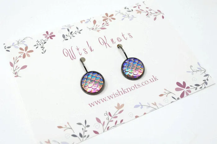 Mermaid Scale Earrings - Pink Lever Back Earrings. Gunmetal Black Drop Earrings