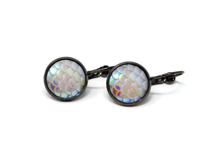 Mermaid Scale Earrings - White Pearl Lever Back Earrings. Gunmetal Black Drop Earrings