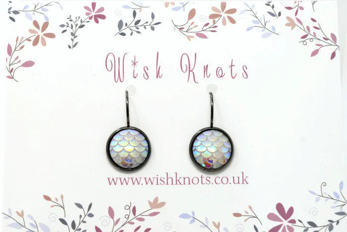Mermaid Scale Earrings - White Pearl Lever Back Earrings. Gunmetal Black Drop Earrings