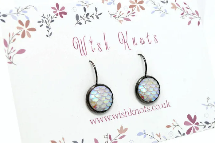 Mermaid Scale Earrings - White Pearl Lever Back Earrings. Gunmetal Black Drop Earrings