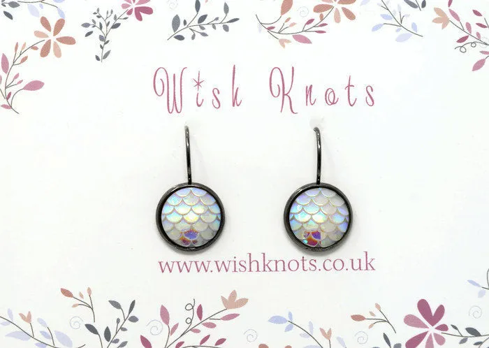 Mermaid Scale Earrings - White Pearl Lever Back Earrings. Gunmetal Black Drop Earrings