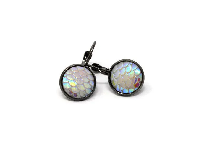 Mermaid Scale Earrings - White Pearl Lever Back Earrings. Gunmetal Black Drop Earrings