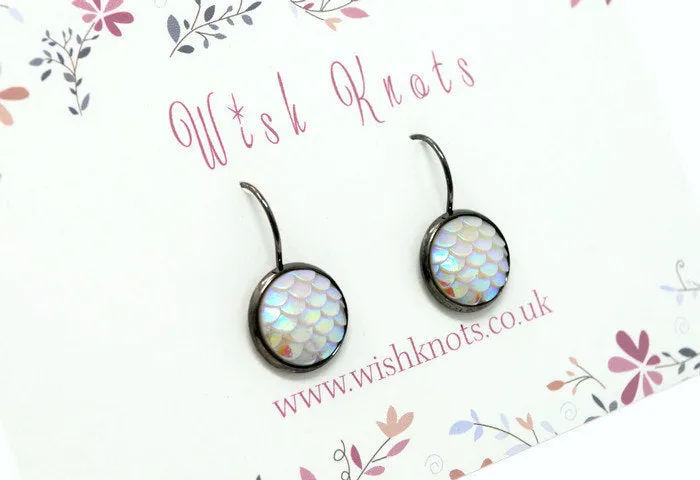 Mermaid Scale Earrings - White Pearl Lever Back Earrings. Gunmetal Black Drop Earrings