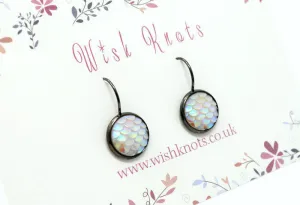 Mermaid Scale Earrings - White Pearl Lever Back Earrings. Gunmetal Black Drop Earrings