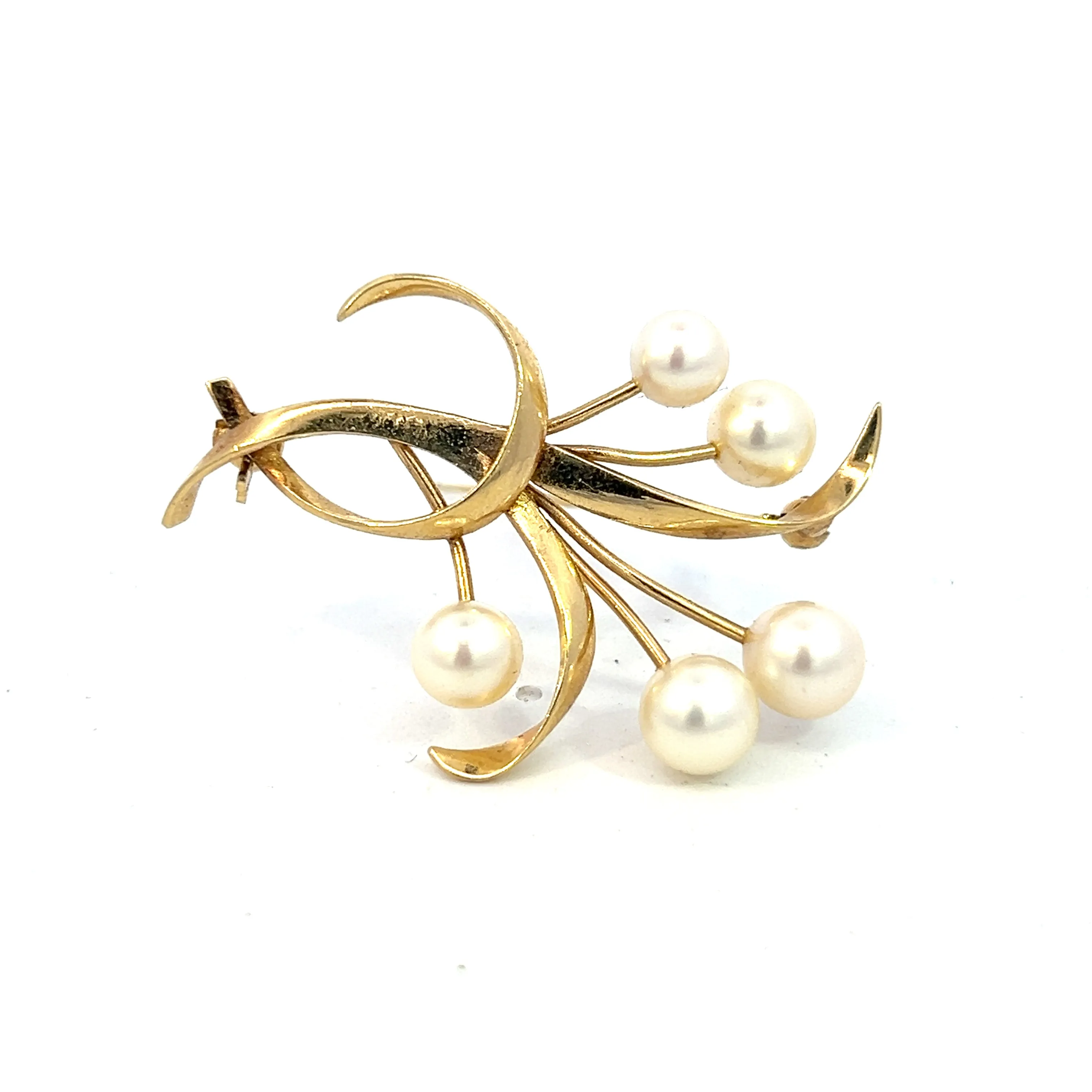 Mikimoto Estate Akoya Pearl Brooch 1.5 x 1" 14k Y Gold 6.60-5.50 mm M370