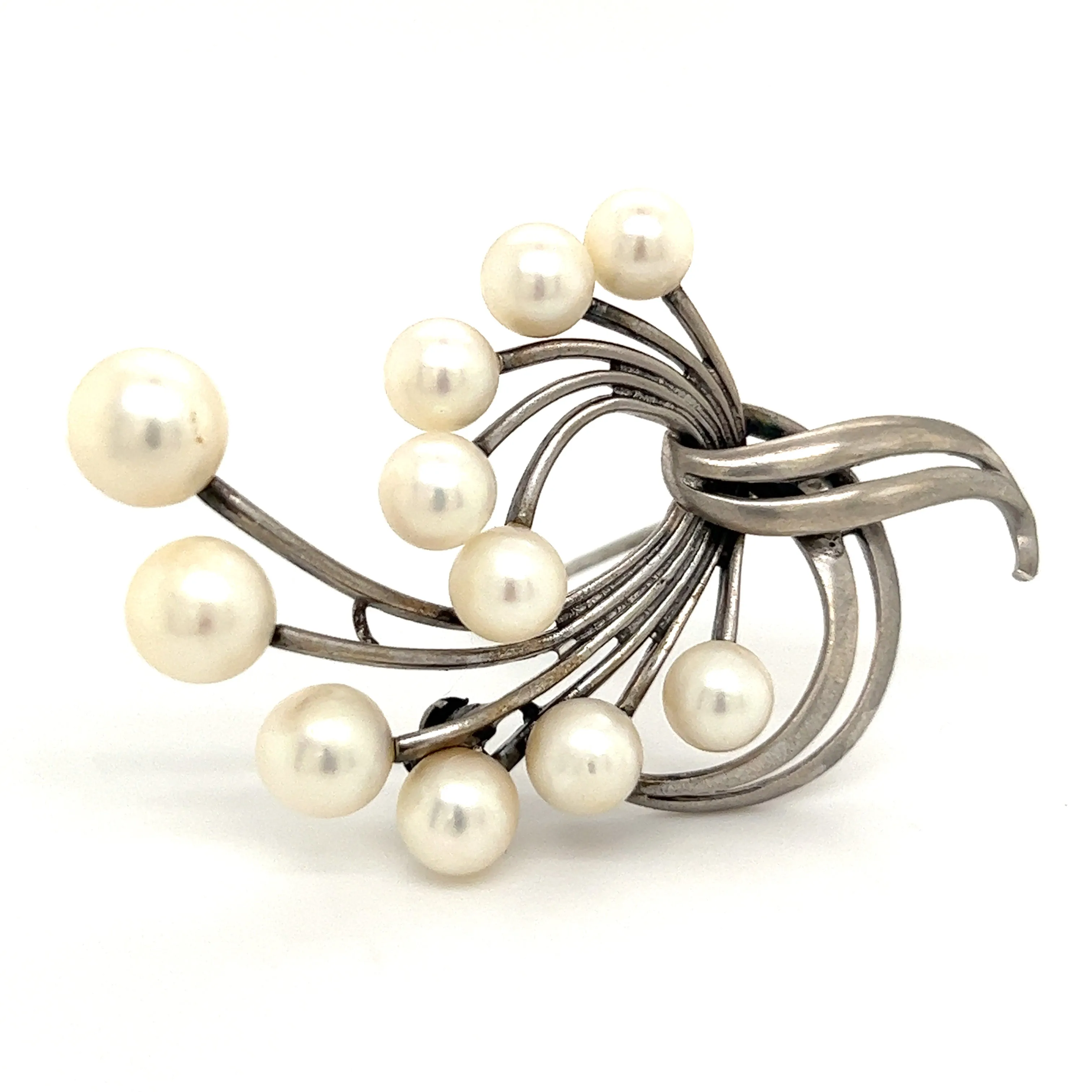 Mikimoto Estate Akoya Pearl XL Spray Brooch Sterling Silver 7.62 mm M265