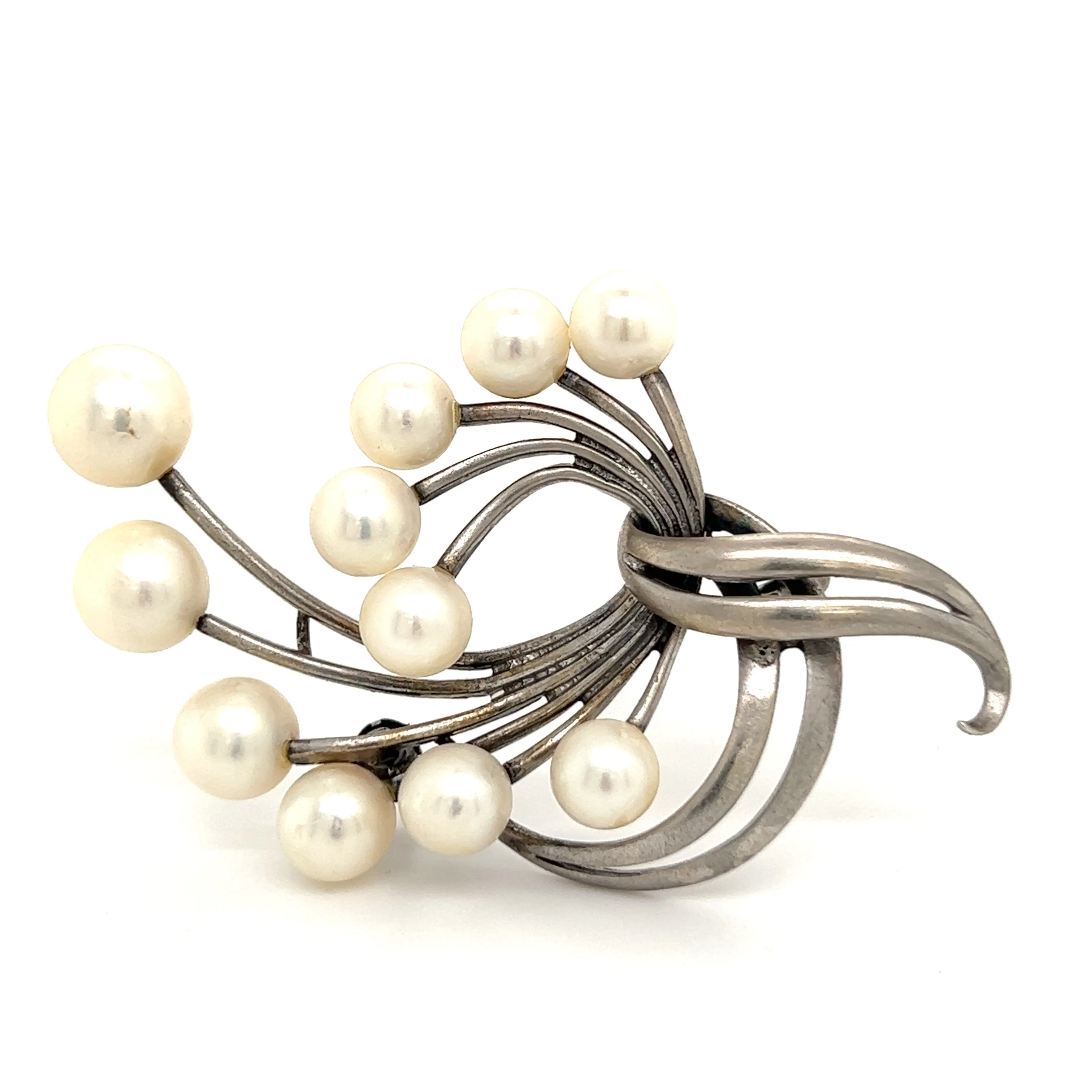 Mikimoto Estate Akoya Pearl XL Spray Brooch Sterling Silver 7.62 mm M265