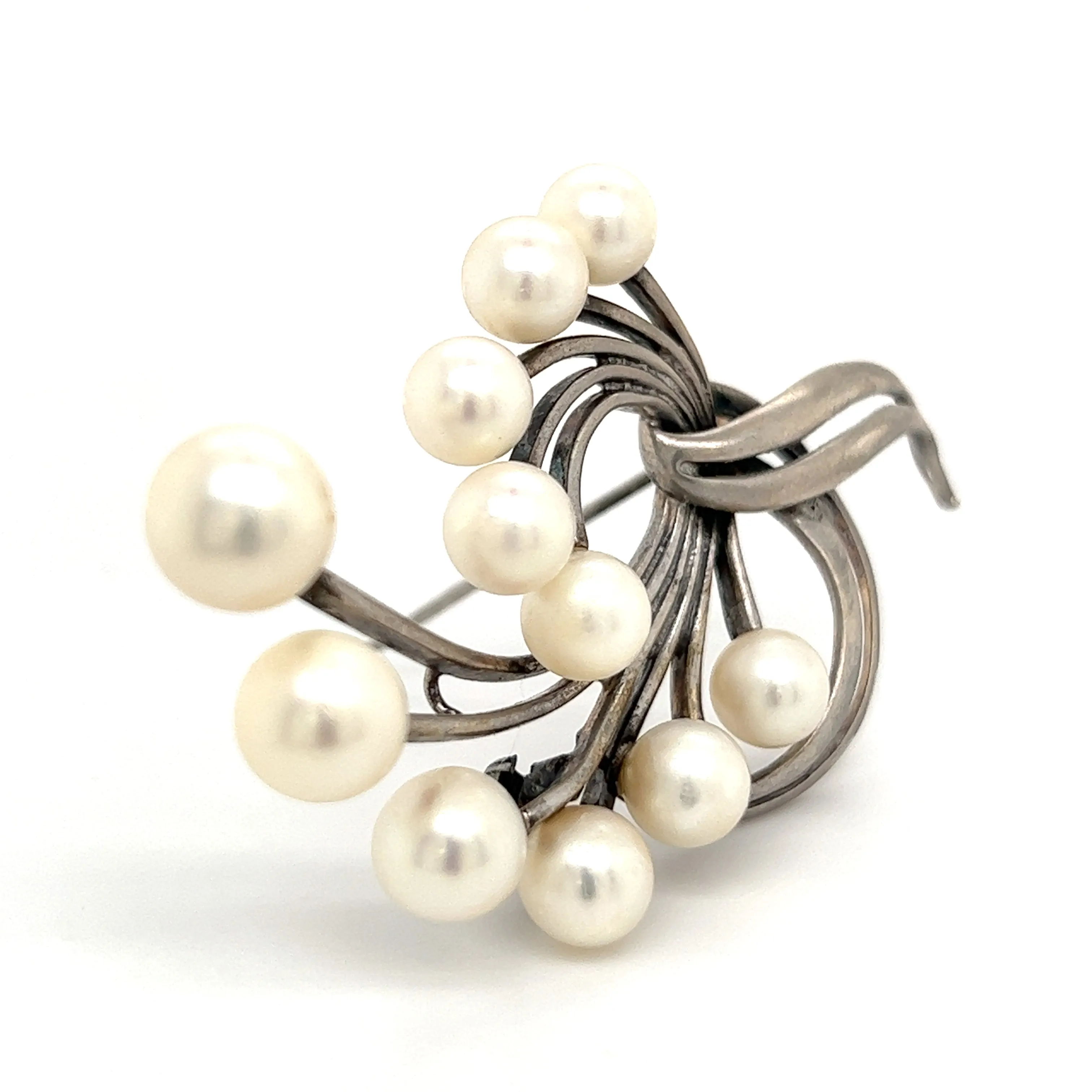 Mikimoto Estate Akoya Pearl XL Spray Brooch Sterling Silver 7.62 mm M265