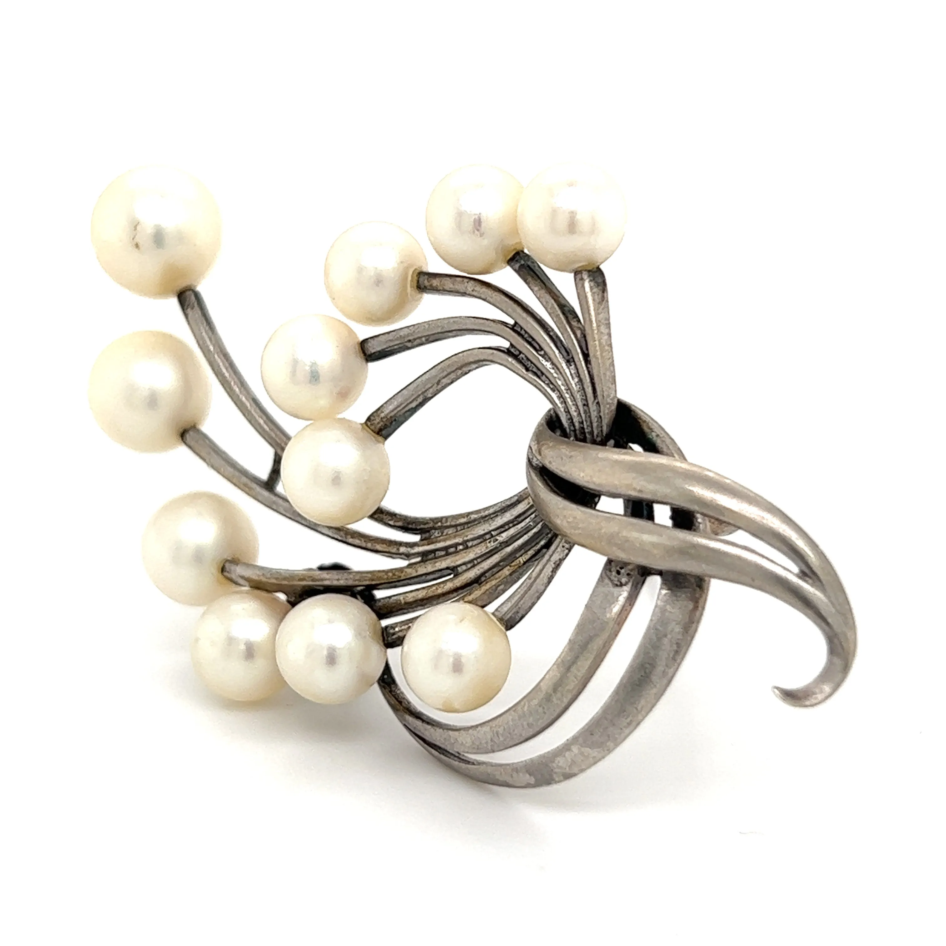 Mikimoto Estate Akoya Pearl XL Spray Brooch Sterling Silver 7.62 mm M265