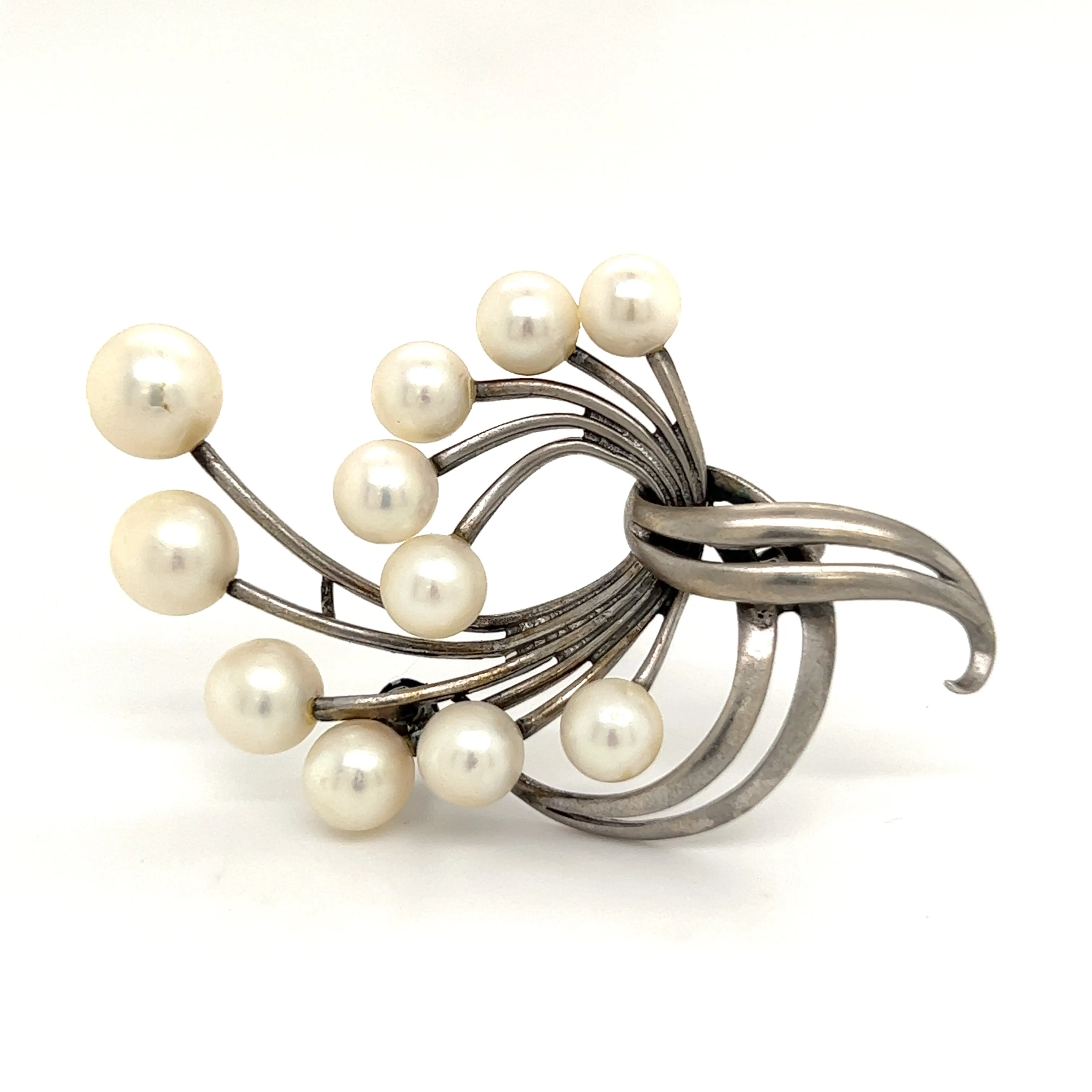 Mikimoto Estate Akoya Pearl XL Spray Brooch Sterling Silver 7.62 mm M265