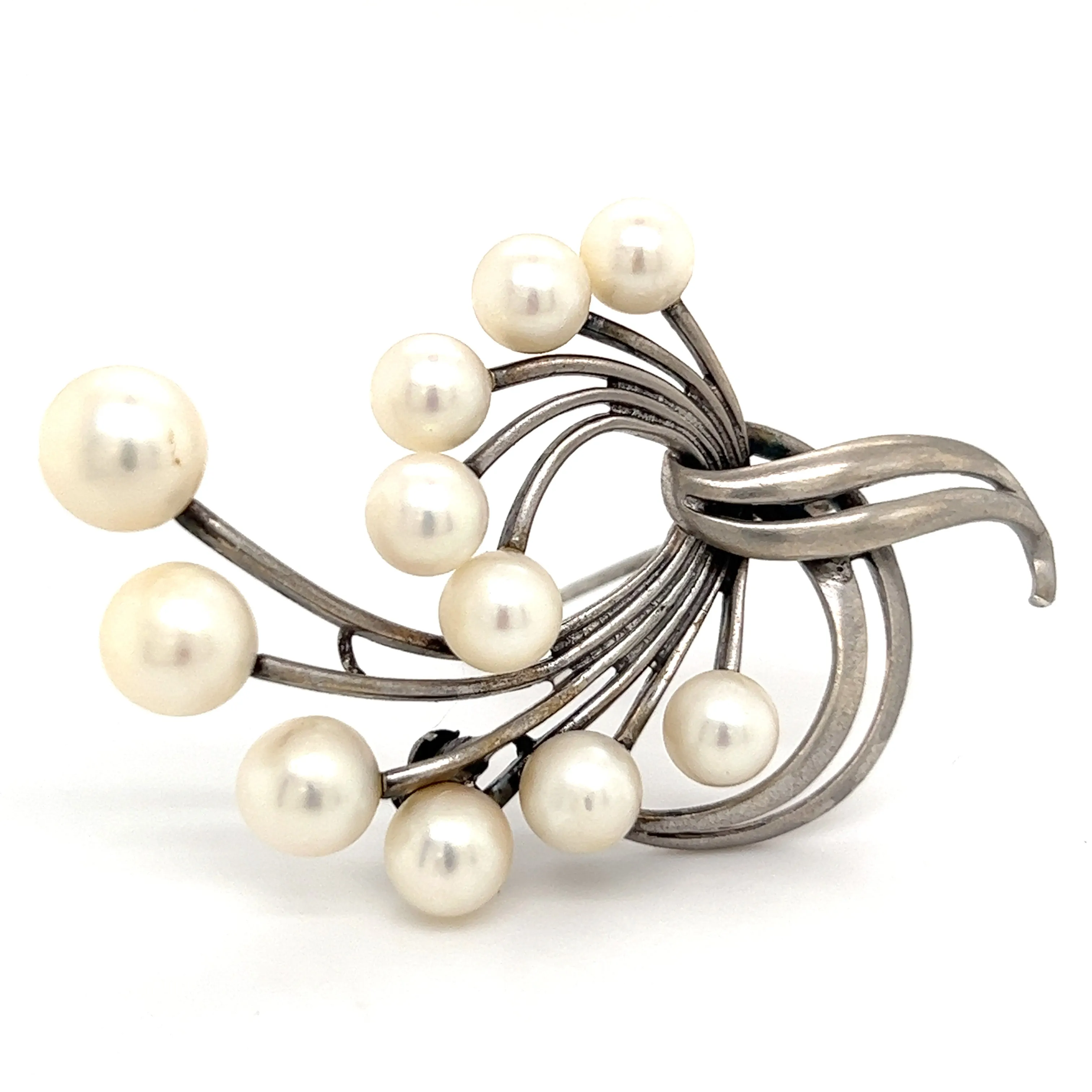 Mikimoto Estate Akoya Pearl XL Spray Brooch Sterling Silver 7.62 mm M265
