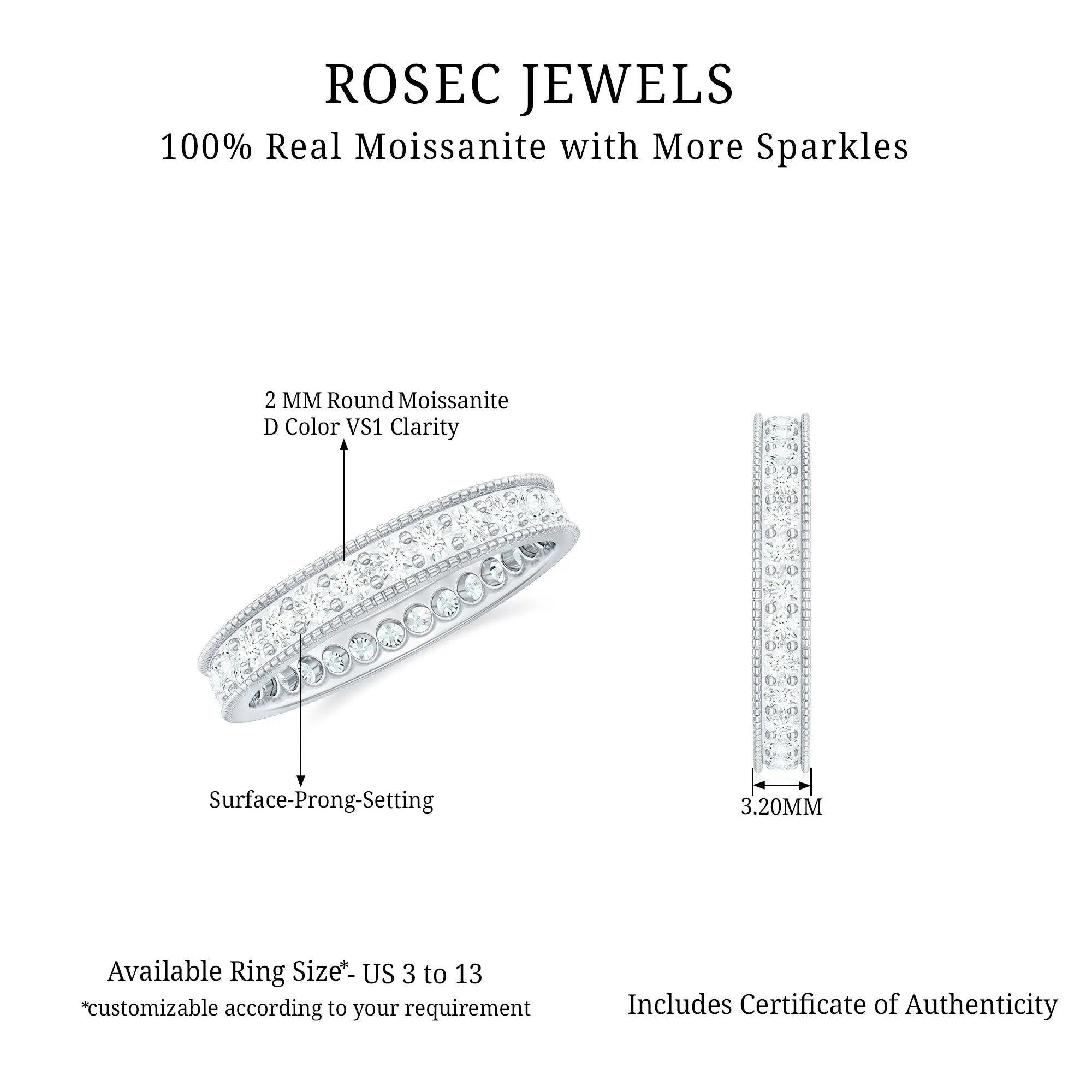 Moissanite Simple Band Ring with Milgrain Detailing