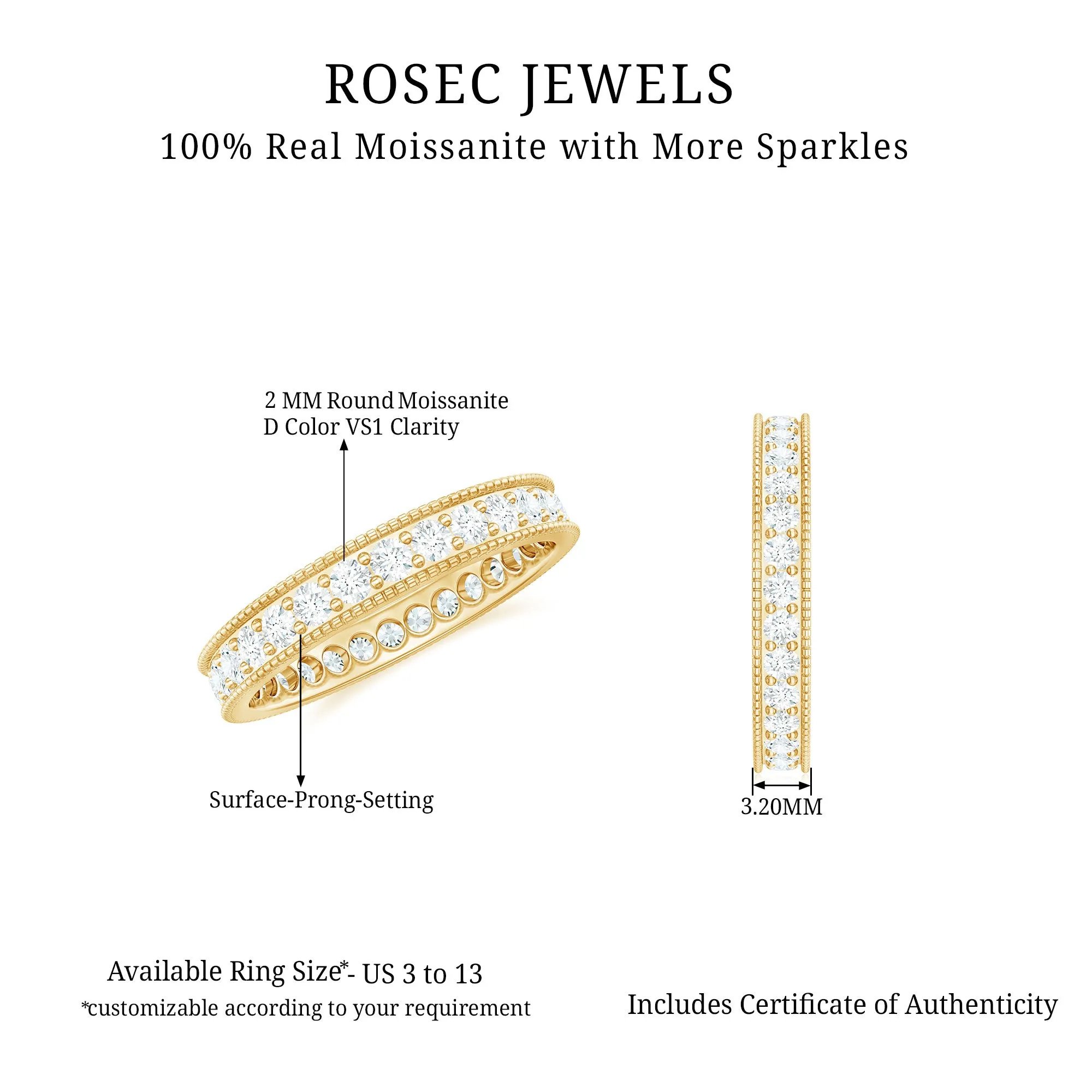 Moissanite Simple Band Ring with Milgrain Detailing