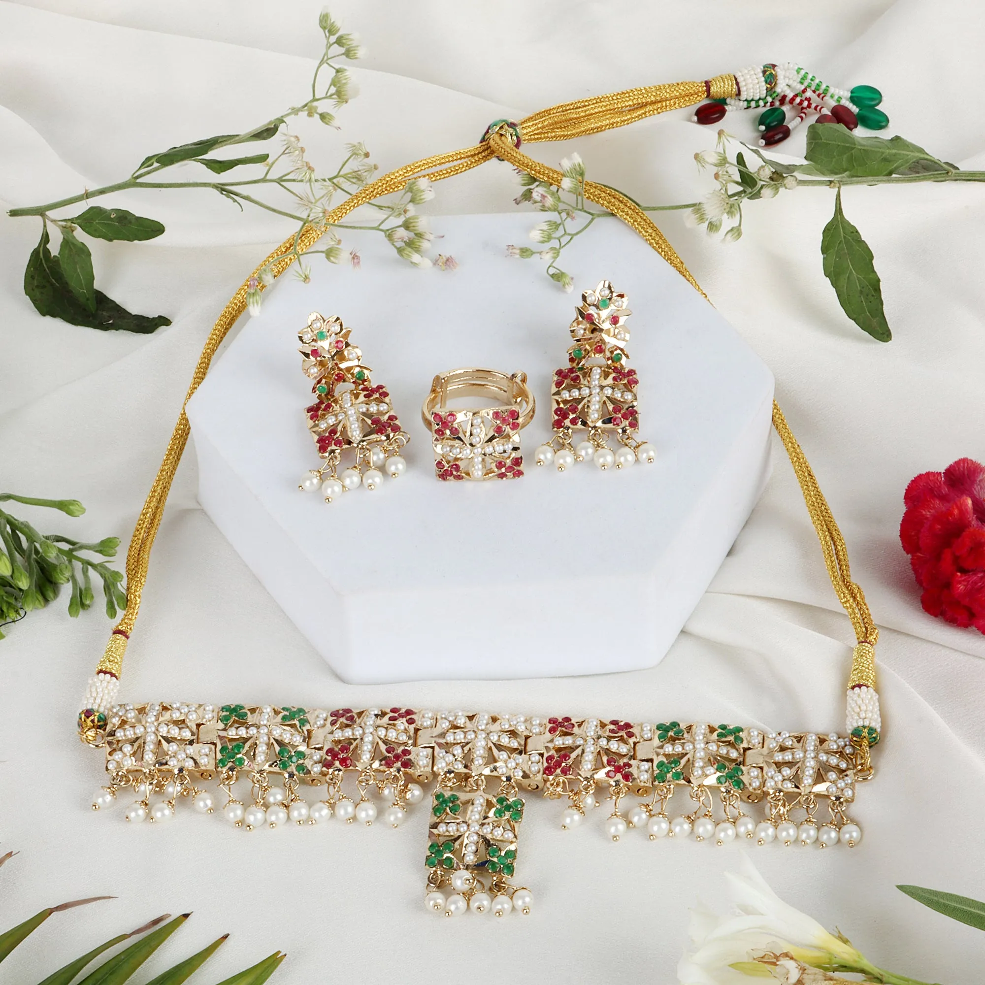 Multicolor Pearl-Studded Choker Set with Earrings & Adjustable Ring