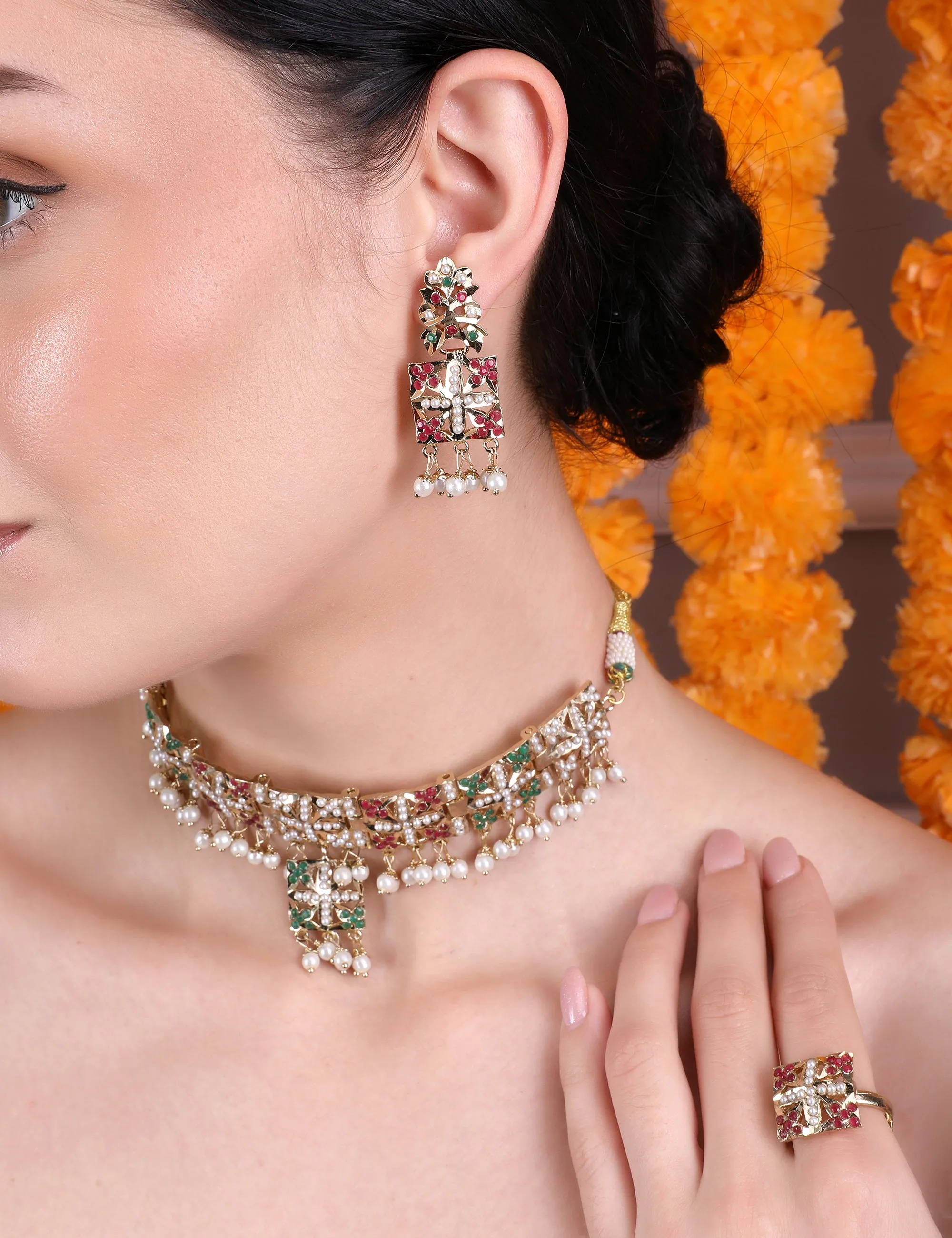Multicolor Pearl-Studded Choker Set with Earrings & Adjustable Ring