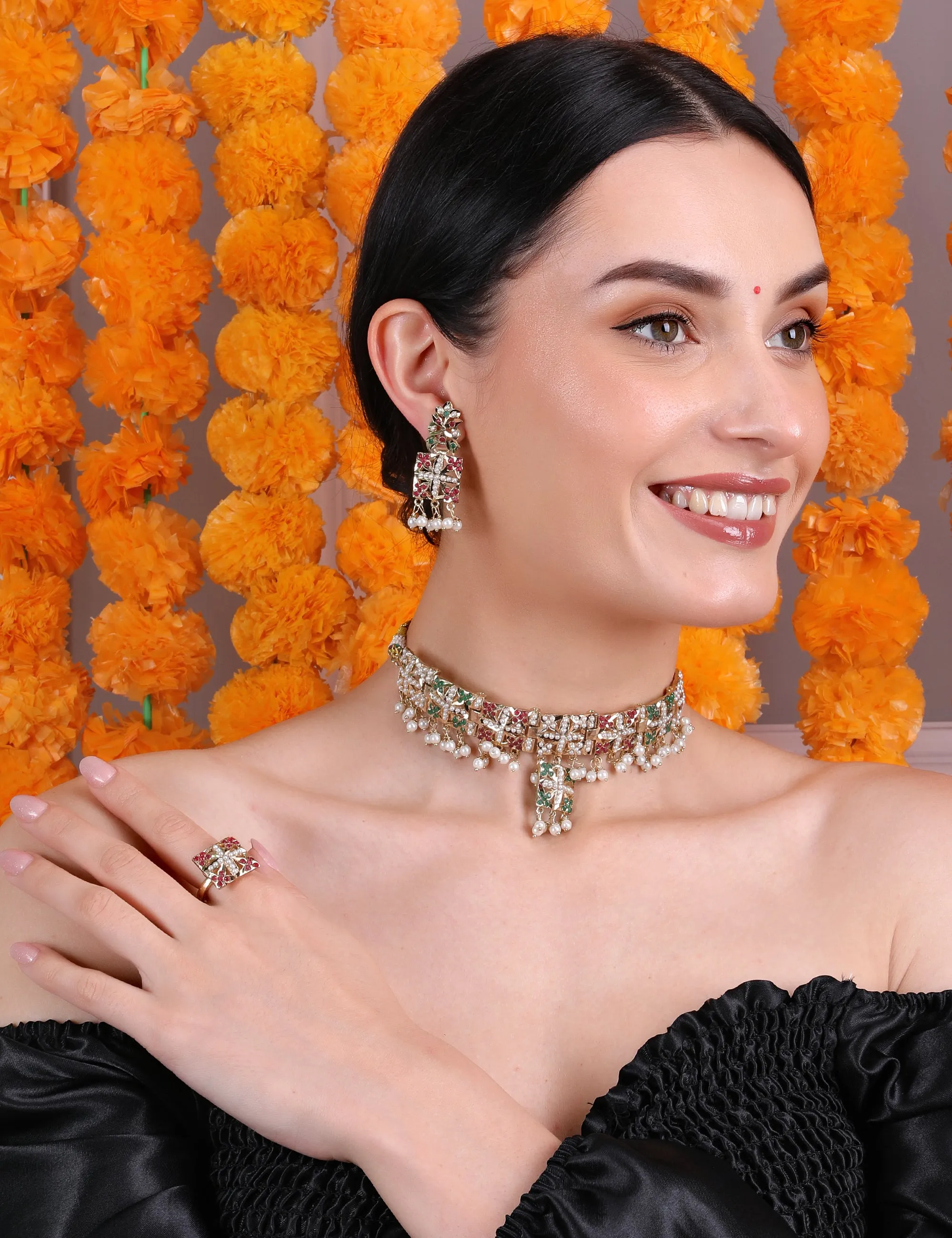 Multicolor Pearl-Studded Choker Set with Earrings & Adjustable Ring