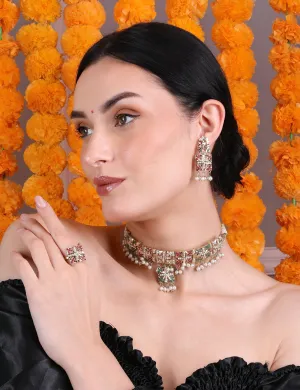 Multicolor Pearl-Studded Choker Set with Earrings & Adjustable Ring