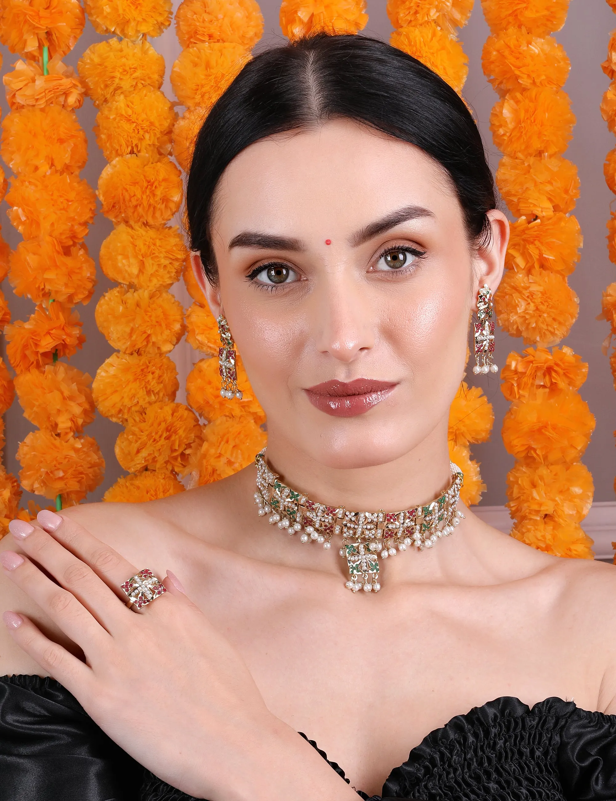 Multicolor Pearl-Studded Choker Set with Earrings & Adjustable Ring