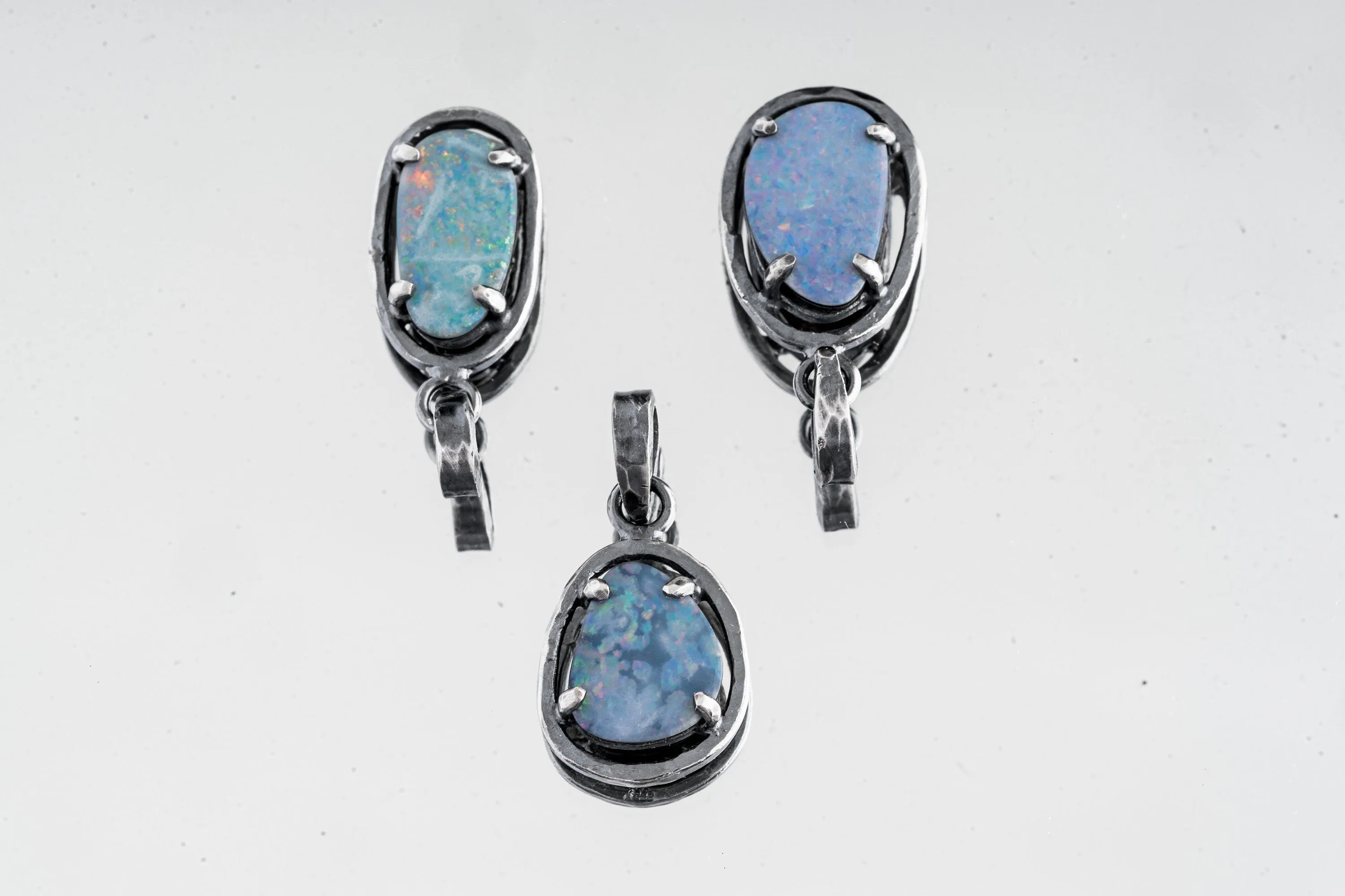 Mystical Opulence: Opal Doublet - Oxidised Sterling Silver - Strong Claw Setting - Hammer Textured - Pendant Crystal Necklace