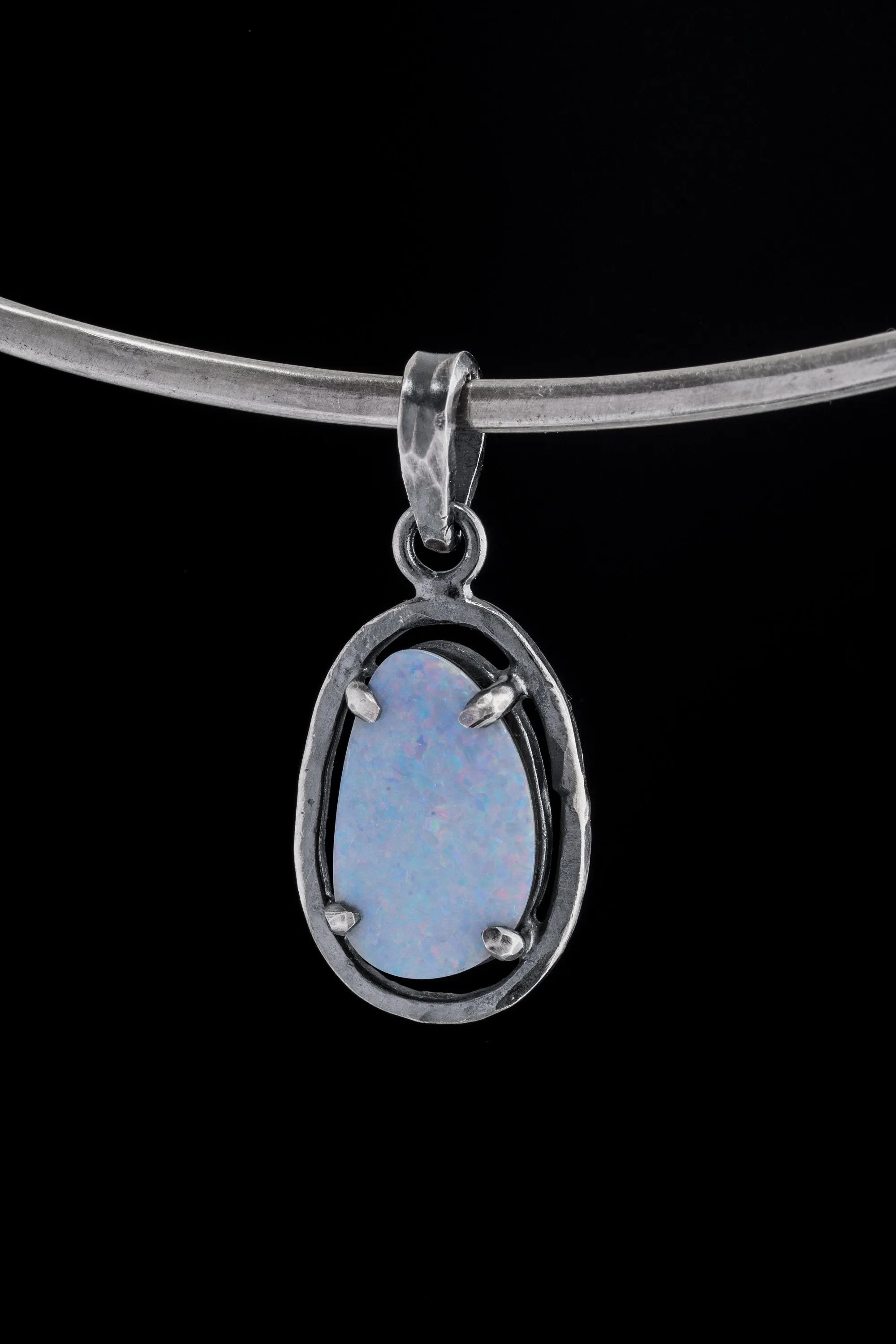 Mystical Opulence: Opal Doublet - Oxidised Sterling Silver - Strong Claw Setting - Hammer Textured - Pendant Crystal Necklace