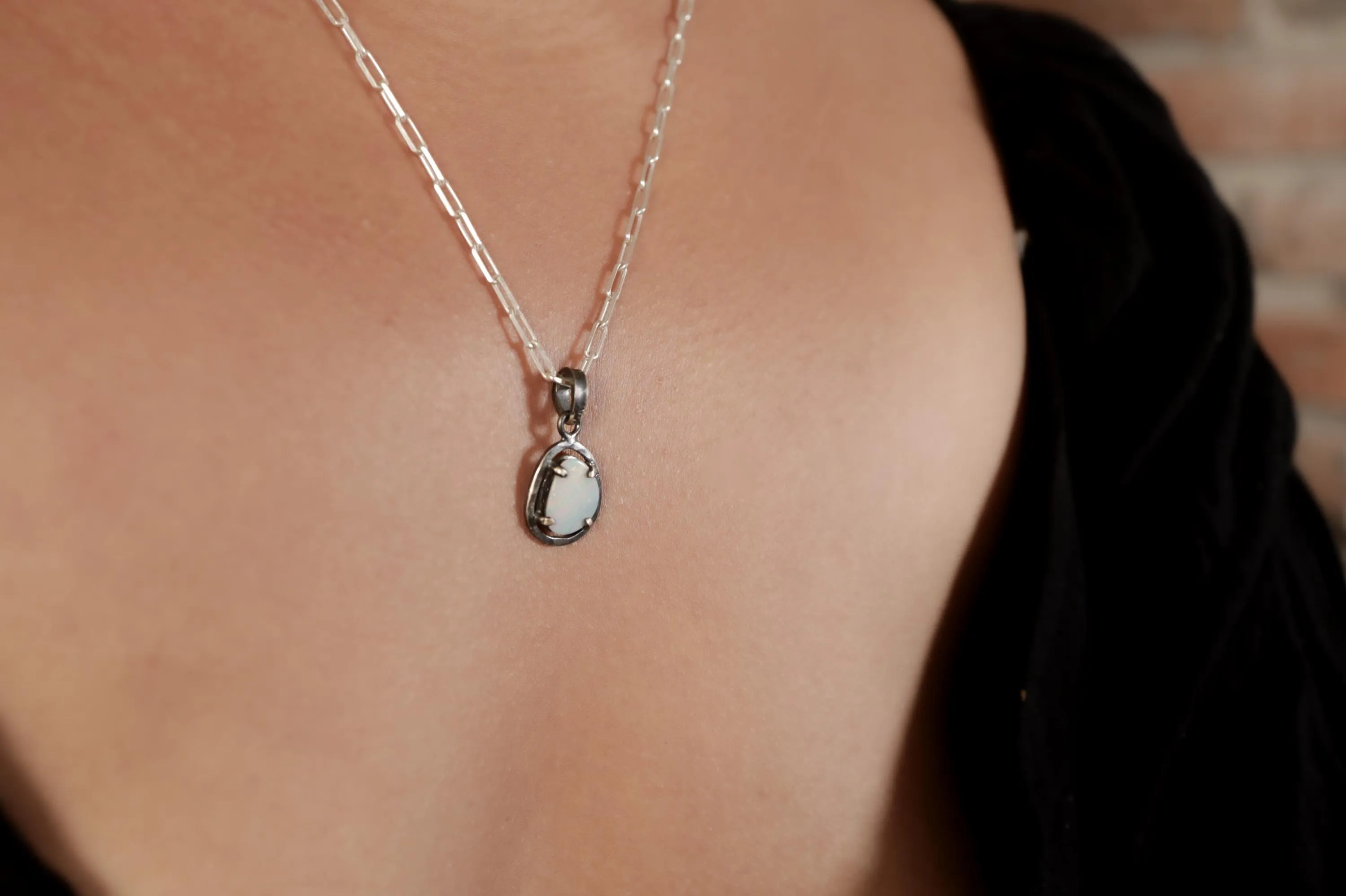 Mystical Opulence: Opal Doublet - Oxidised Sterling Silver - Strong Claw Setting - Hammer Textured - Pendant Crystal Necklace