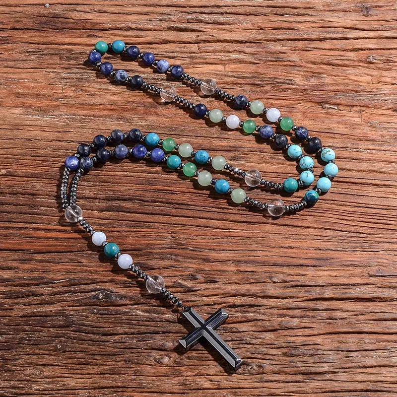 Natural Sodalite Phoenix Lapis Lazuli Mala Beads Cross Catholic Christ Rosary Necklaces