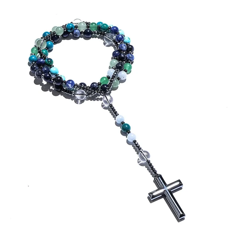 Natural Sodalite Phoenix Lapis Lazuli Mala Beads Cross Catholic Christ Rosary Necklaces