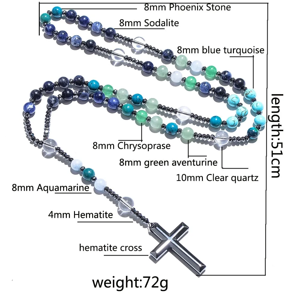 Natural Sodalite Phoenix Lapis Lazuli Mala Beads Cross Catholic Christ Rosary Necklaces