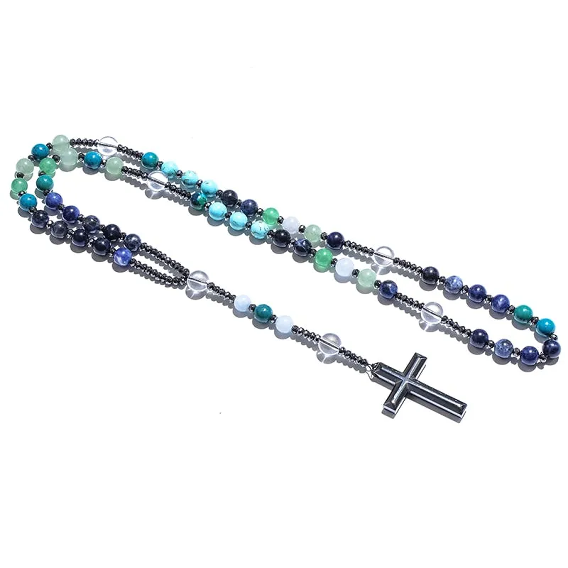 Natural Sodalite Phoenix Lapis Lazuli Mala Beads Cross Catholic Christ Rosary Necklaces