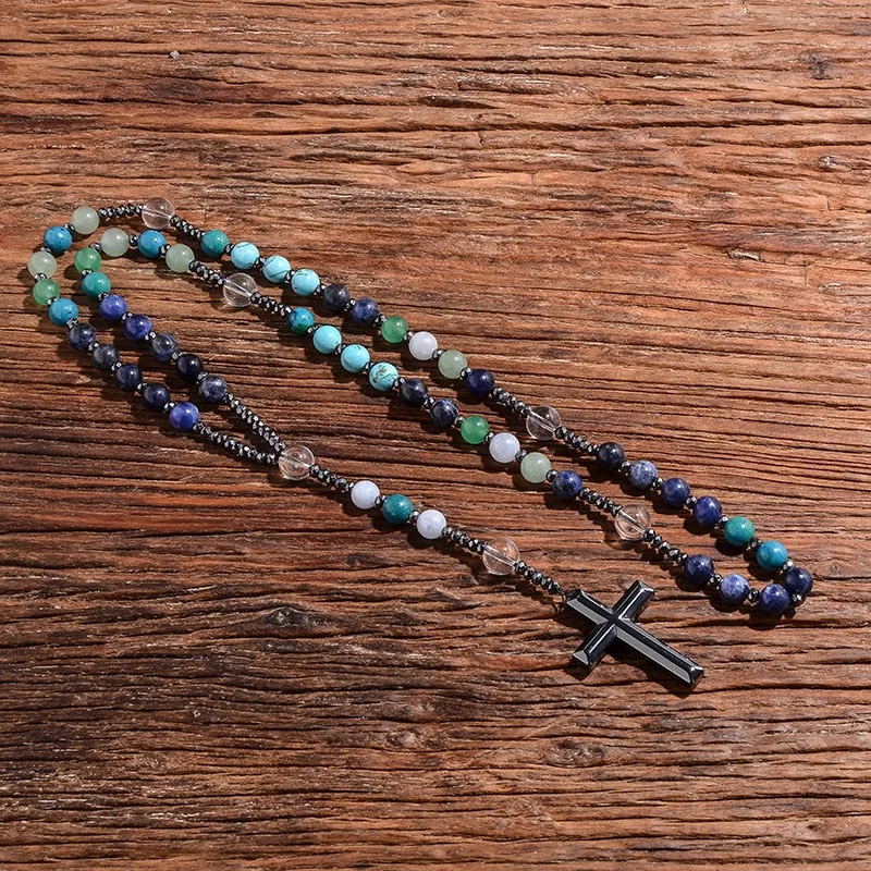 Natural Sodalite Phoenix Lapis Lazuli Mala Beads Cross Catholic Christ Rosary Necklaces