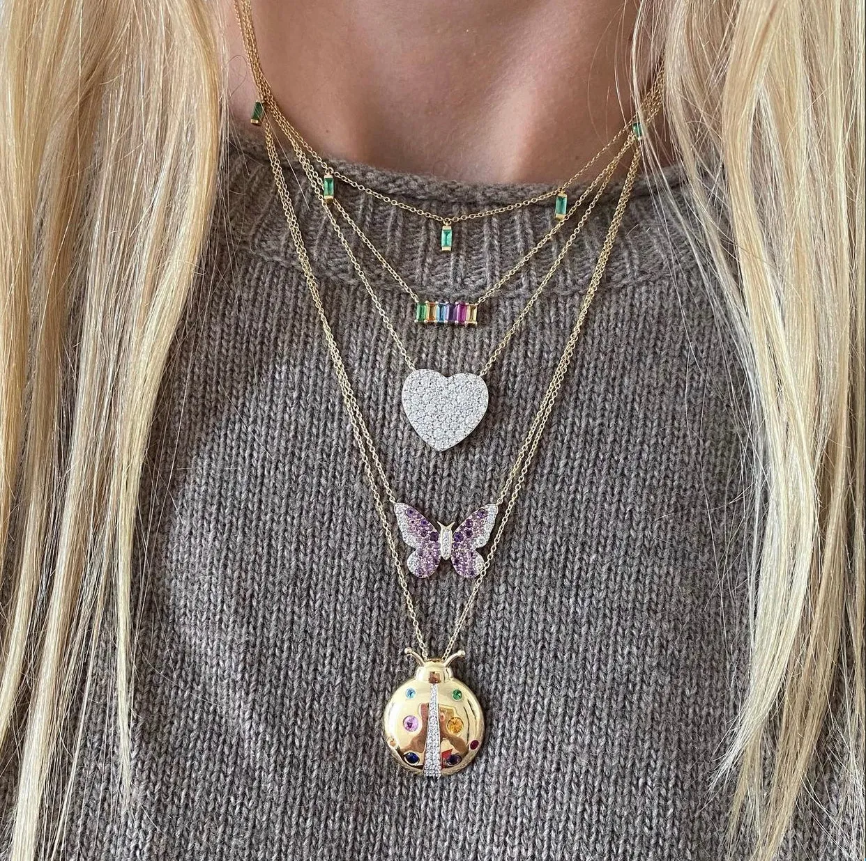 Ombre Semi Precious and Diamond Butterfly Necklace