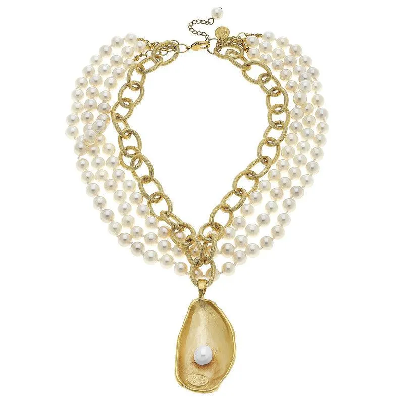 Pearl Necklace with Gold Oyster and Hand Set Freshwater Pearl