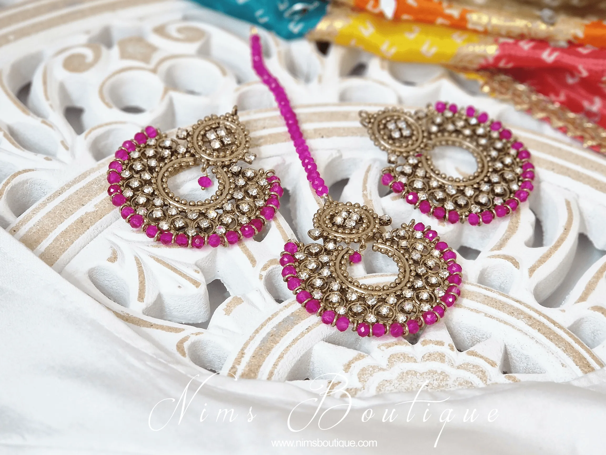 Royal Antique Gold & Hot Pink Chand Tikka Set