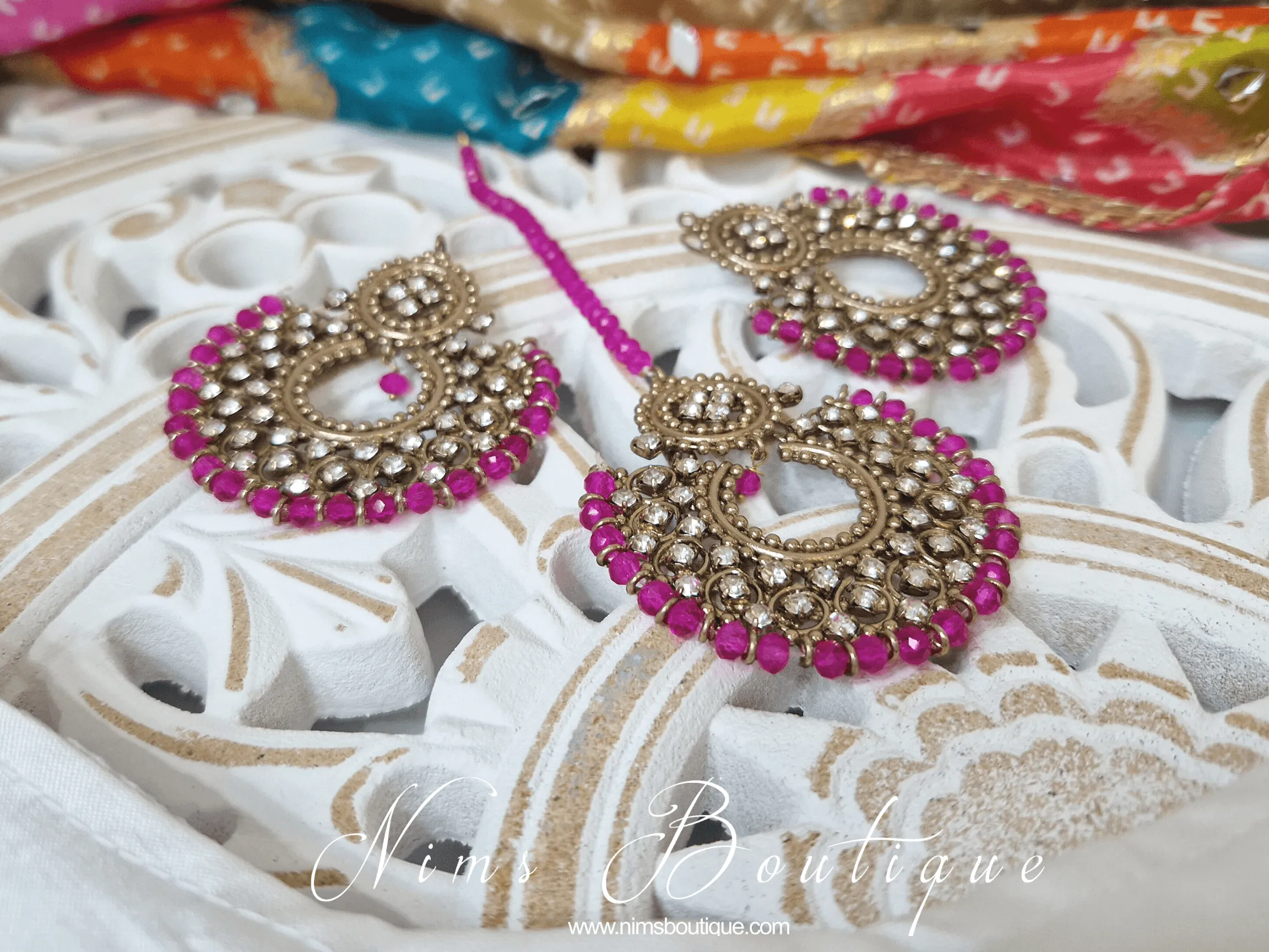Royal Antique Gold & Hot Pink Chand Tikka Set