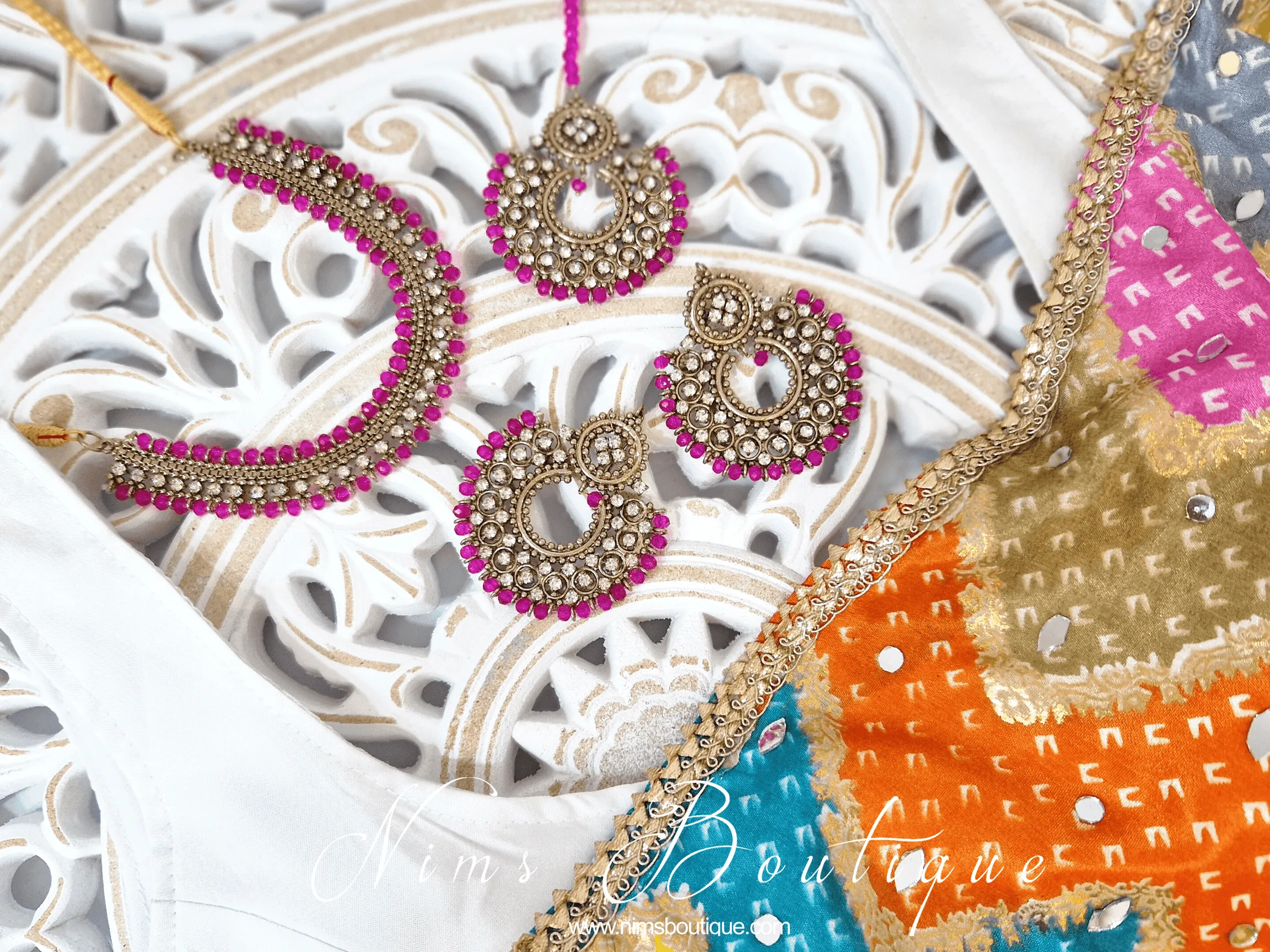 Royal Antique Gold & Hot Pink Chand Tikka Set