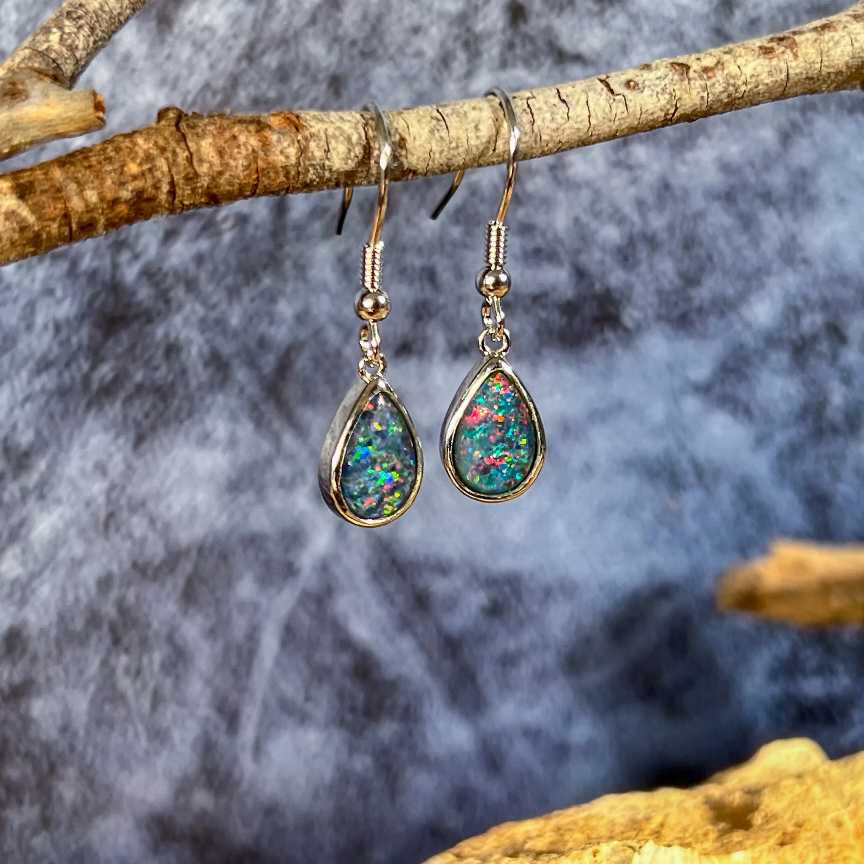 Sterling Silver dangling pear shape opal triplet 9x7mm earrings