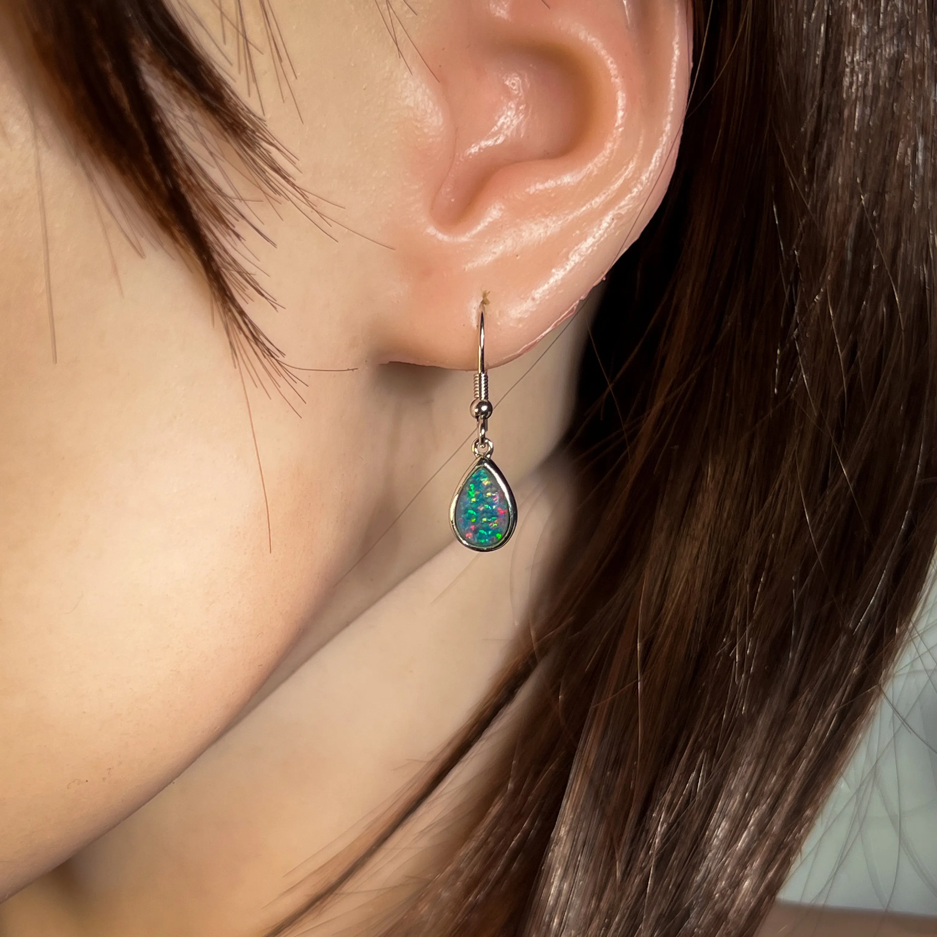 Sterling Silver dangling pear shape opal triplet 9x7mm earrings