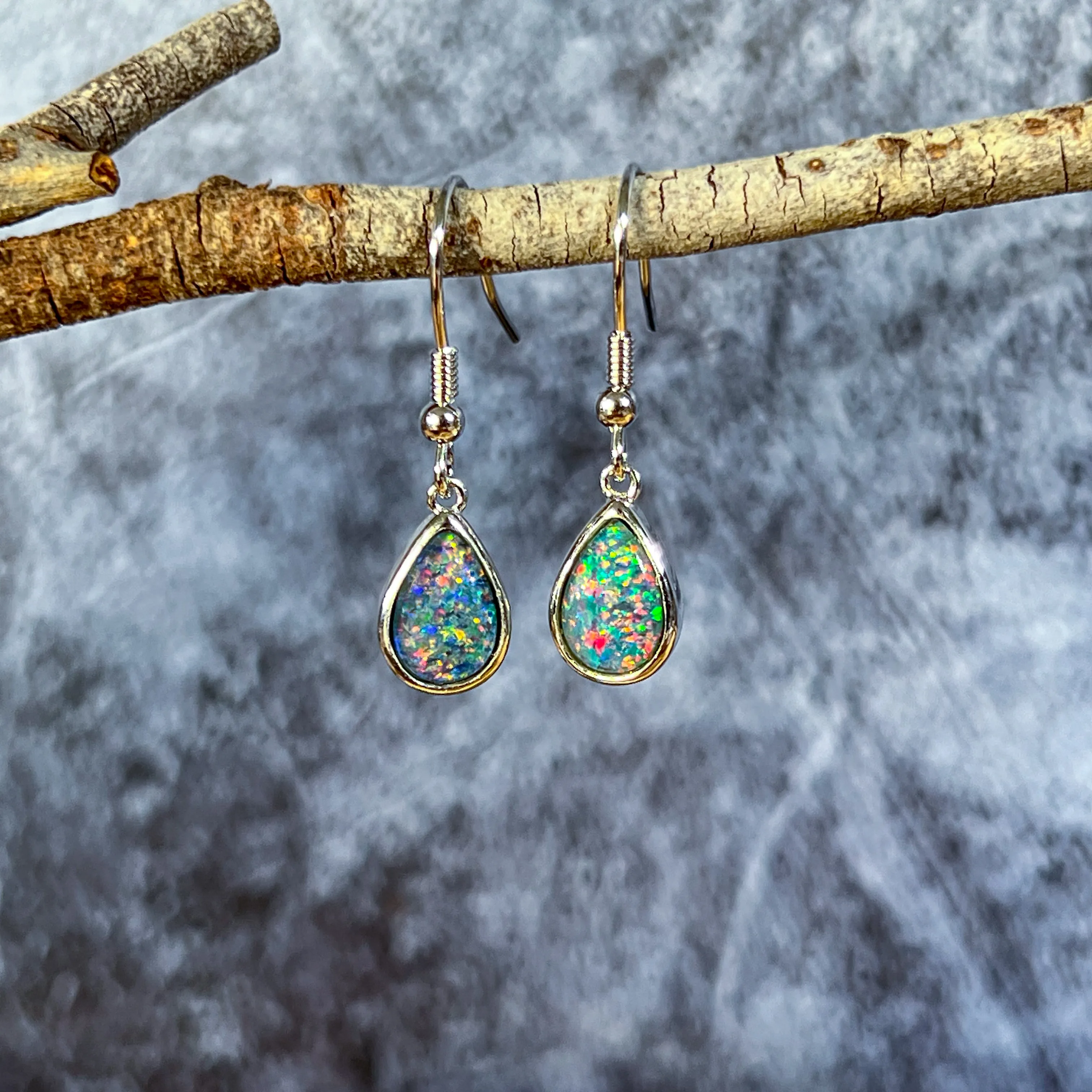 Sterling Silver dangling pear shape opal triplet 9x7mm earrings