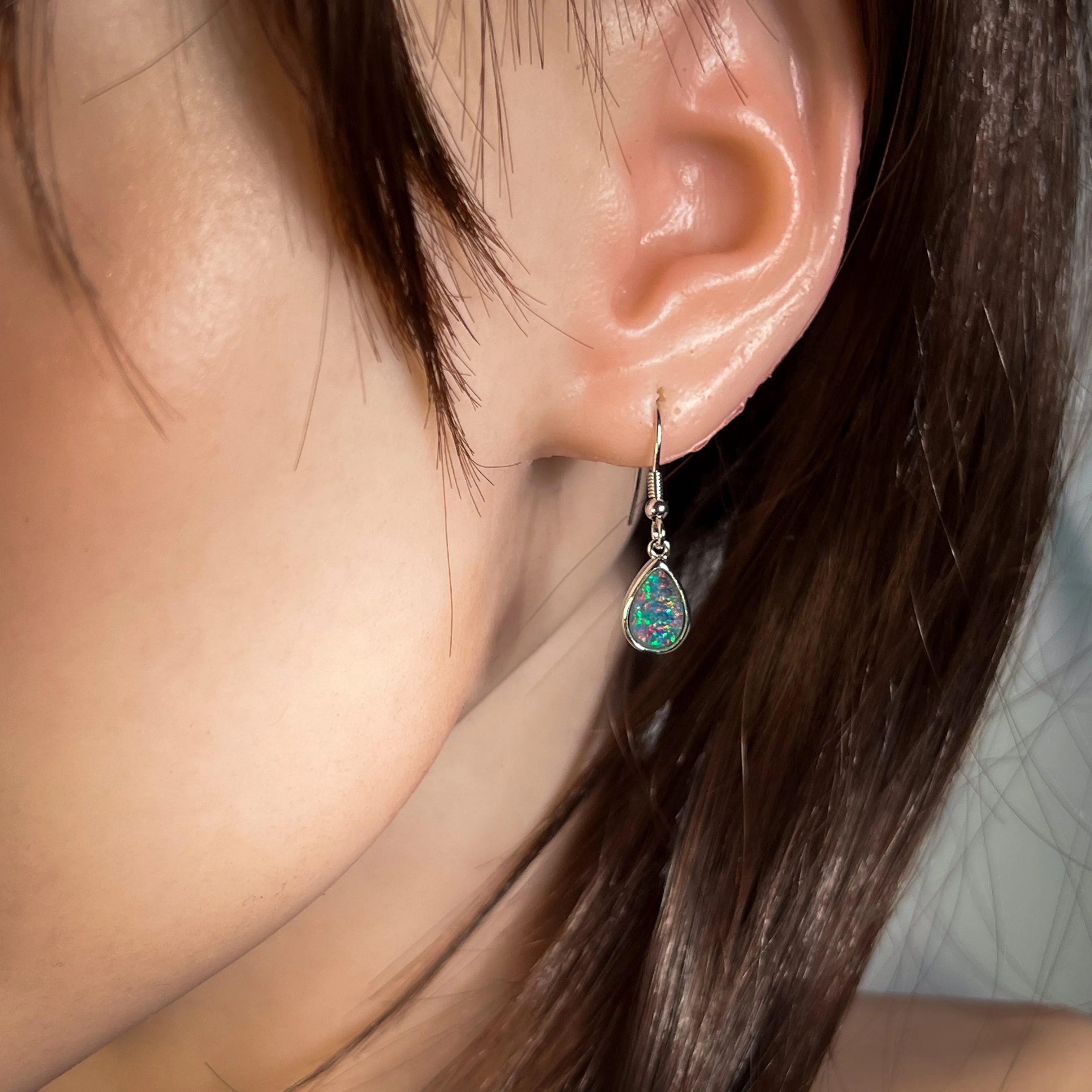 Sterling Silver dangling pear shape opal triplet 9x7mm earrings