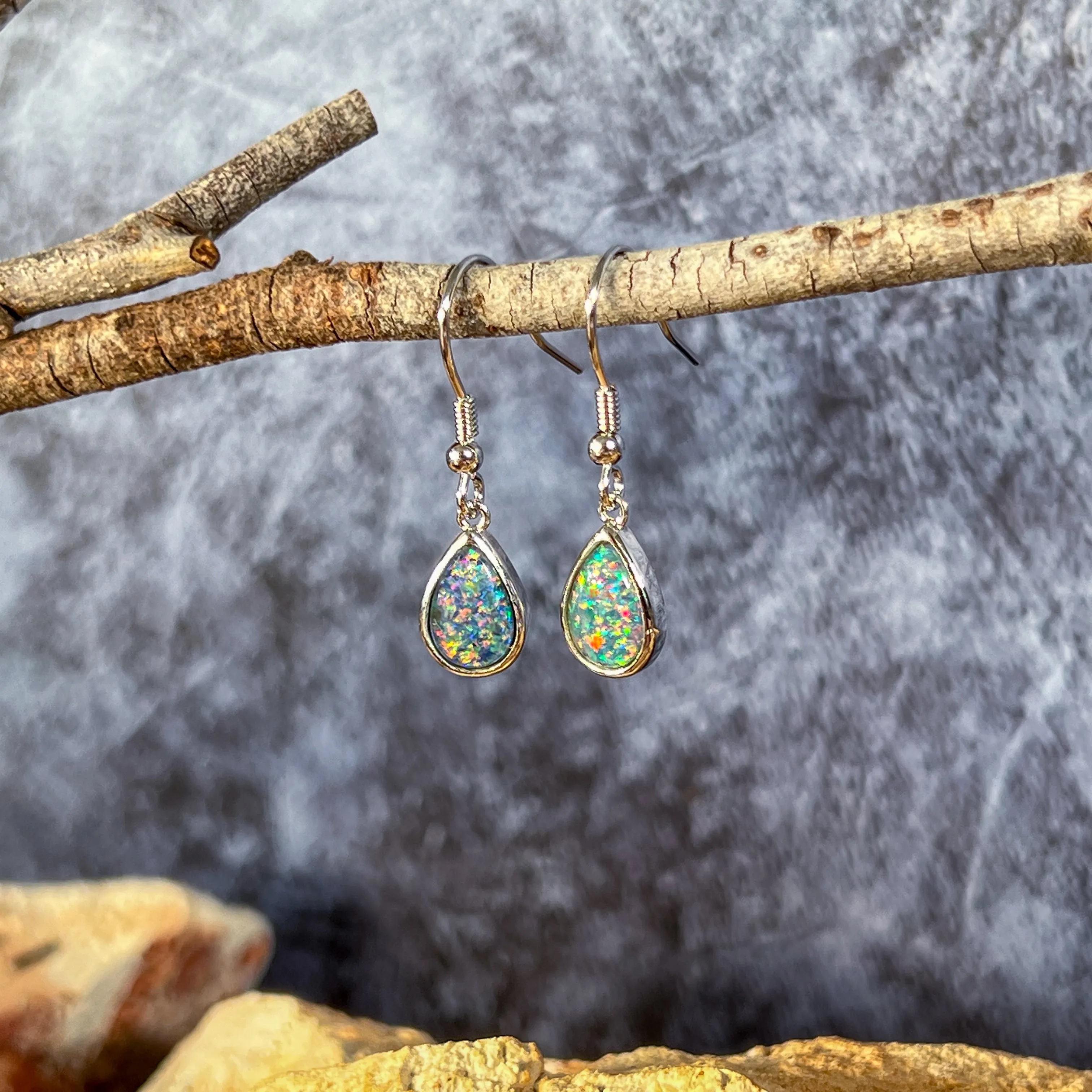 Sterling Silver dangling pear shape opal triplet 9x7mm earrings