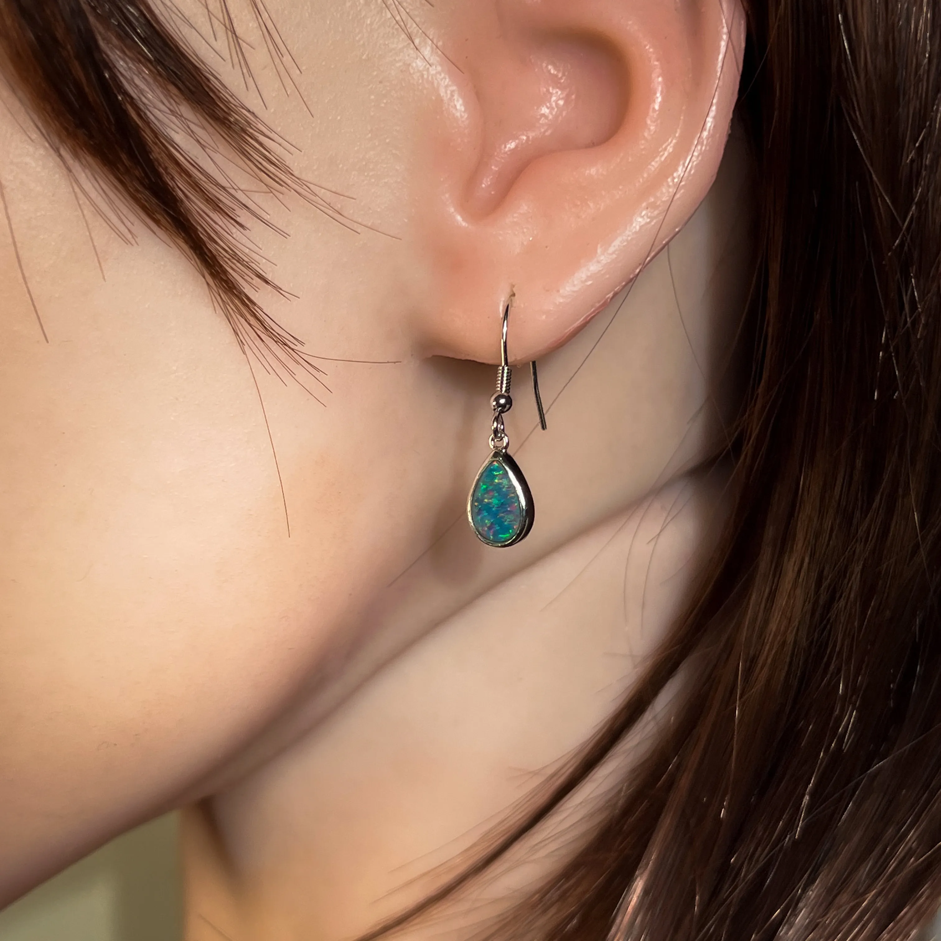 Sterling Silver dangling pear shape opal triplet 9x7mm earrings