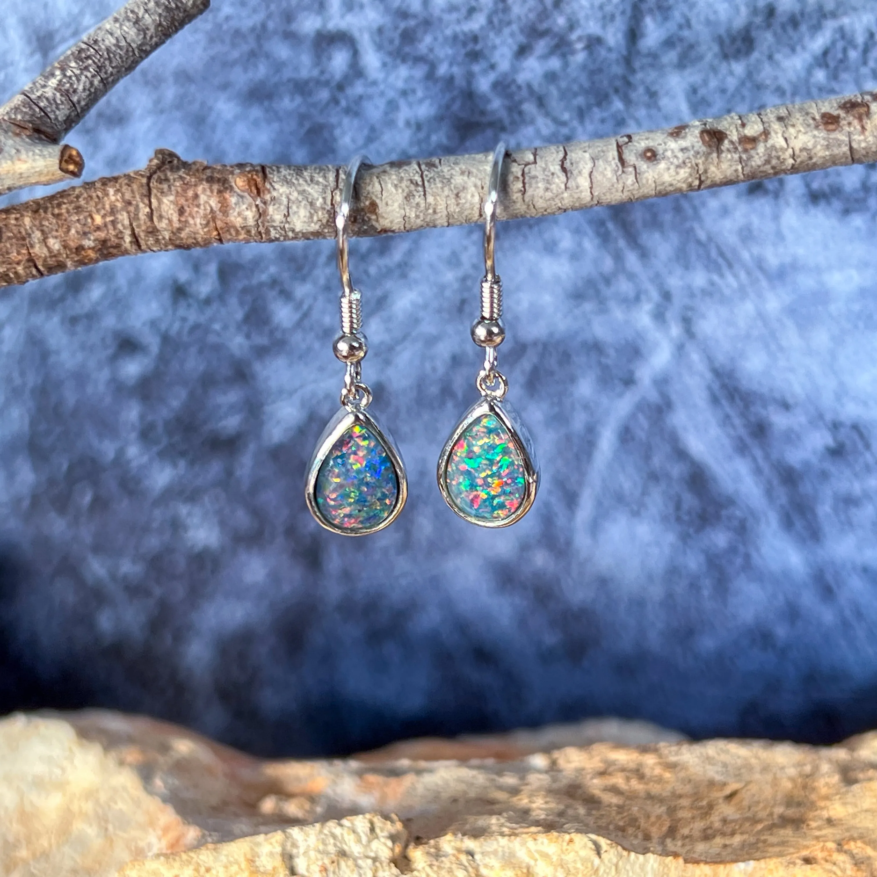 Sterling Silver dangling pear shape opal triplet 9x7mm earrings