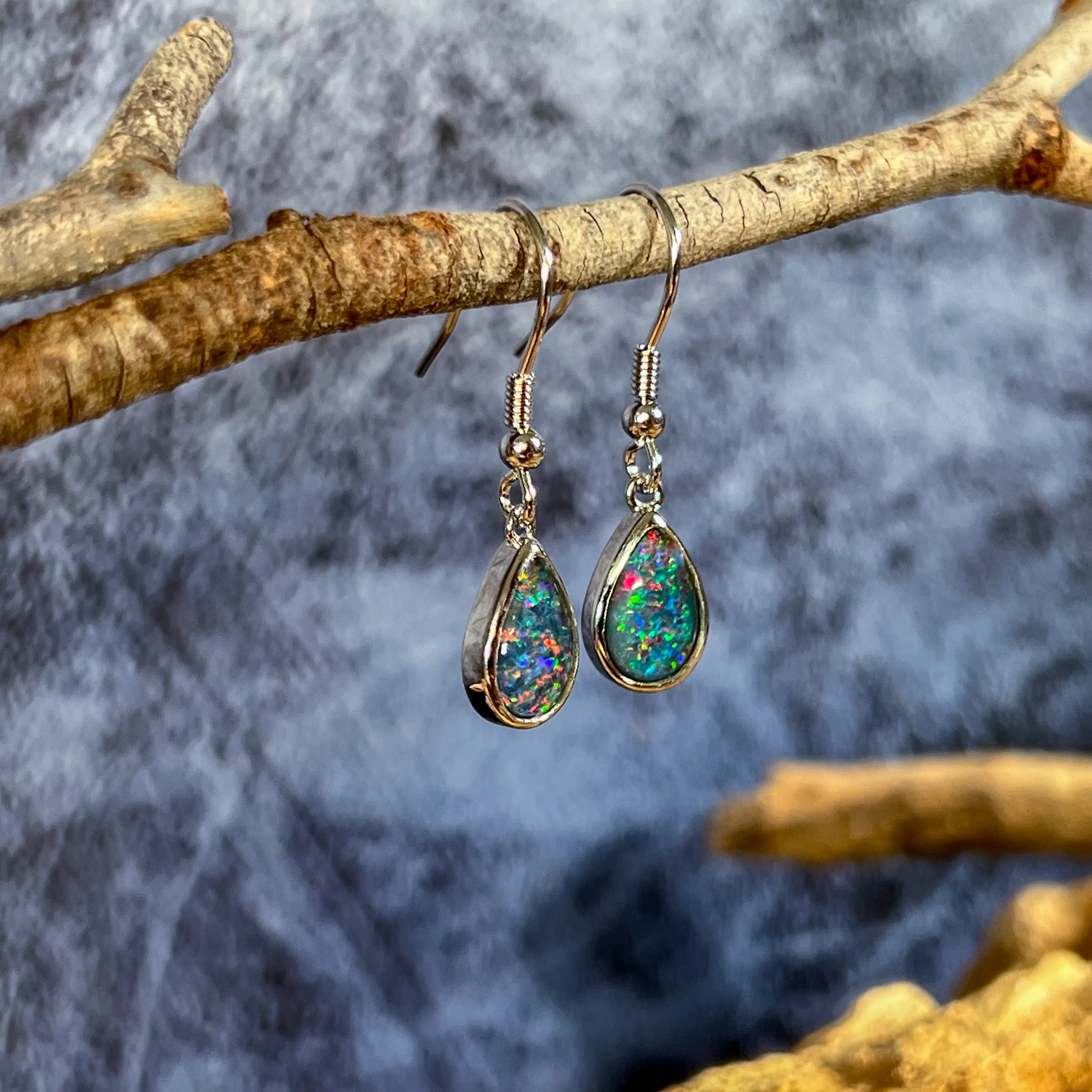 Sterling Silver dangling pear shape opal triplet 9x7mm earrings