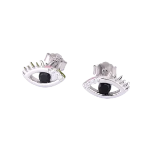 Sterling Silver Eye Stud Earrings with Black Stone