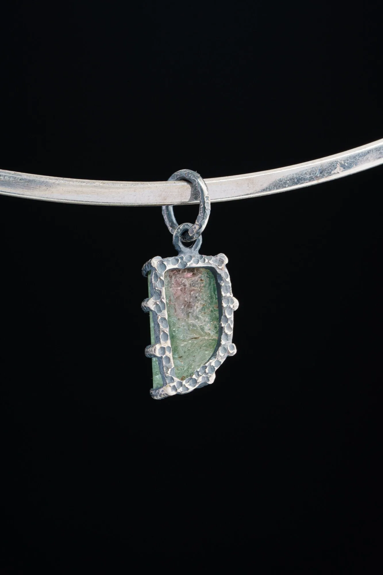 Tiny Mostly Green Watermelon Tourmaline - Oxidised Sterling Silver - Strong Claw Wire Setting  - Hammer Textured - Pendant Crystal Necklace