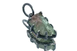 Tiny Mostly Green Watermelon Tourmaline - Oxidised Sterling Silver - Strong Claw Wire Setting  - Hammer Textured - Pendant Crystal Necklace