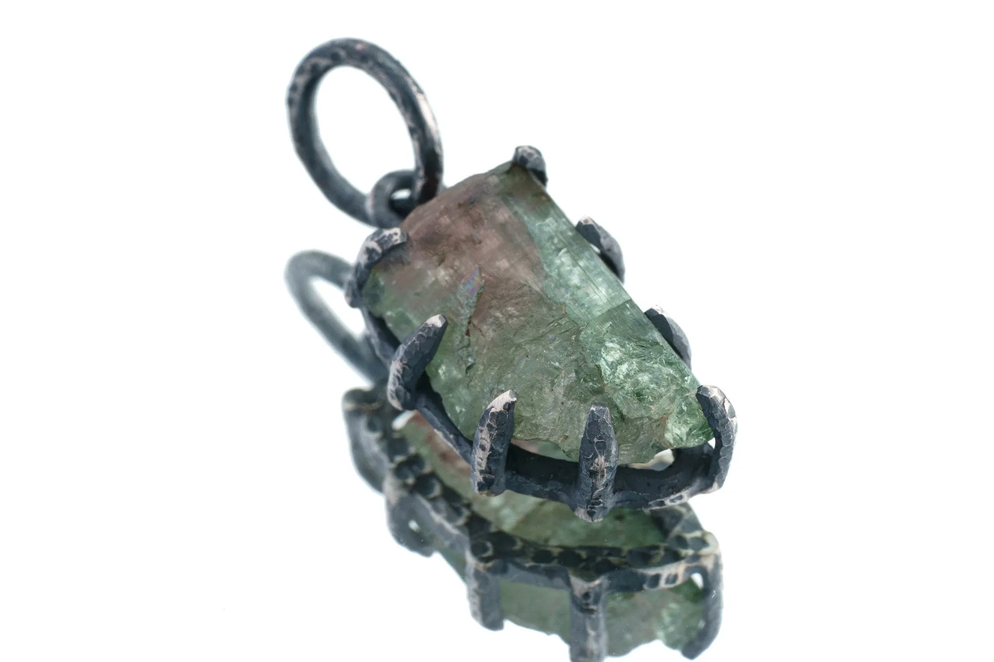 Tiny Mostly Green Watermelon Tourmaline - Oxidised Sterling Silver - Strong Claw Wire Setting  - Hammer Textured - Pendant Crystal Necklace